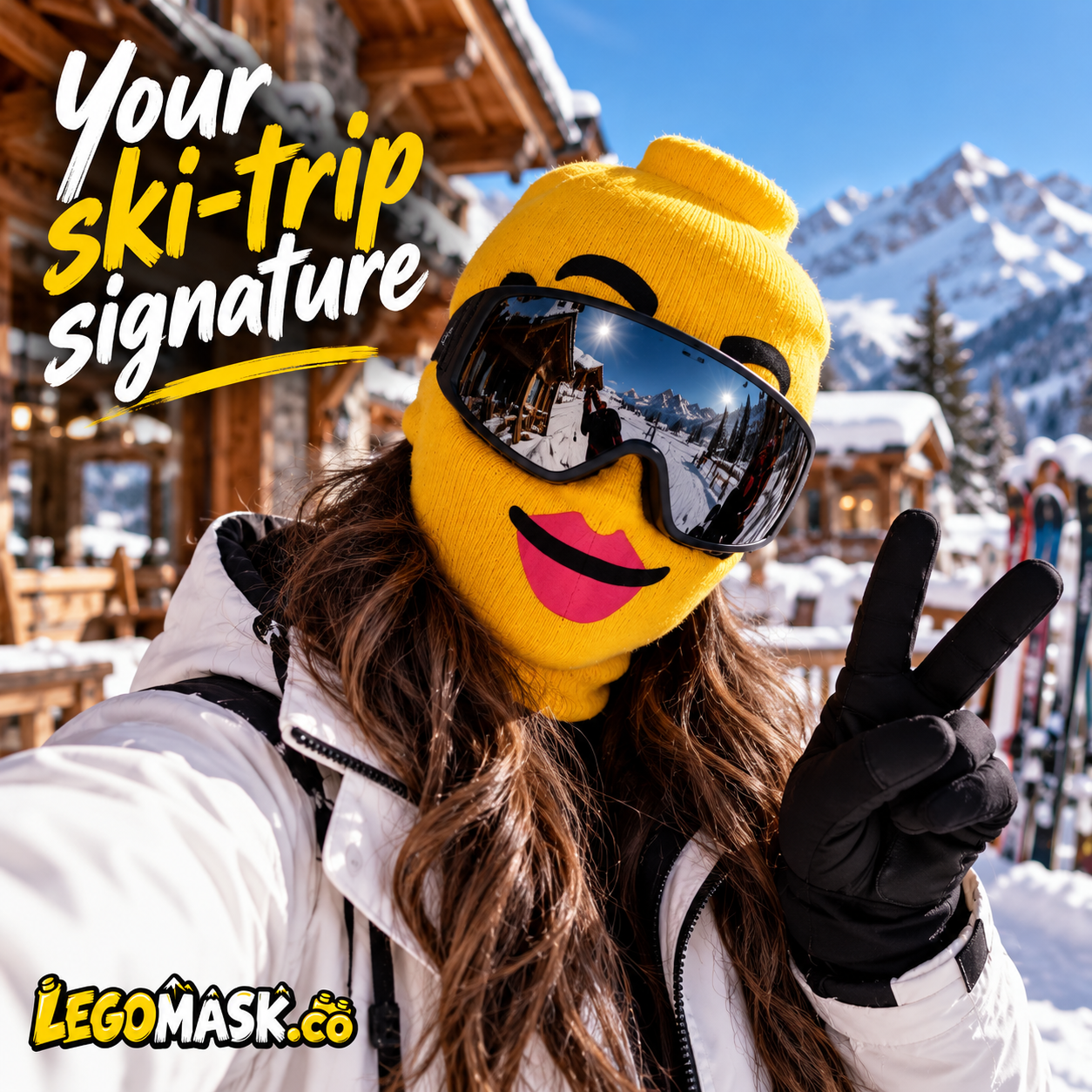 Yellow Legomask with Pink Lips face graphic